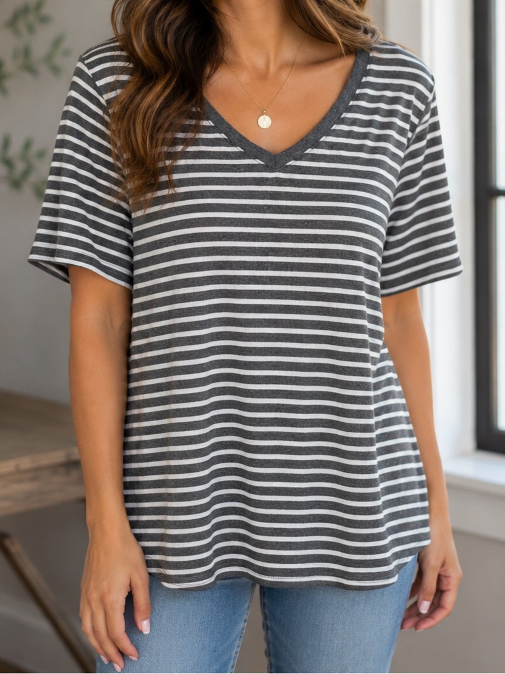 Gray Striped V-Neck Tee